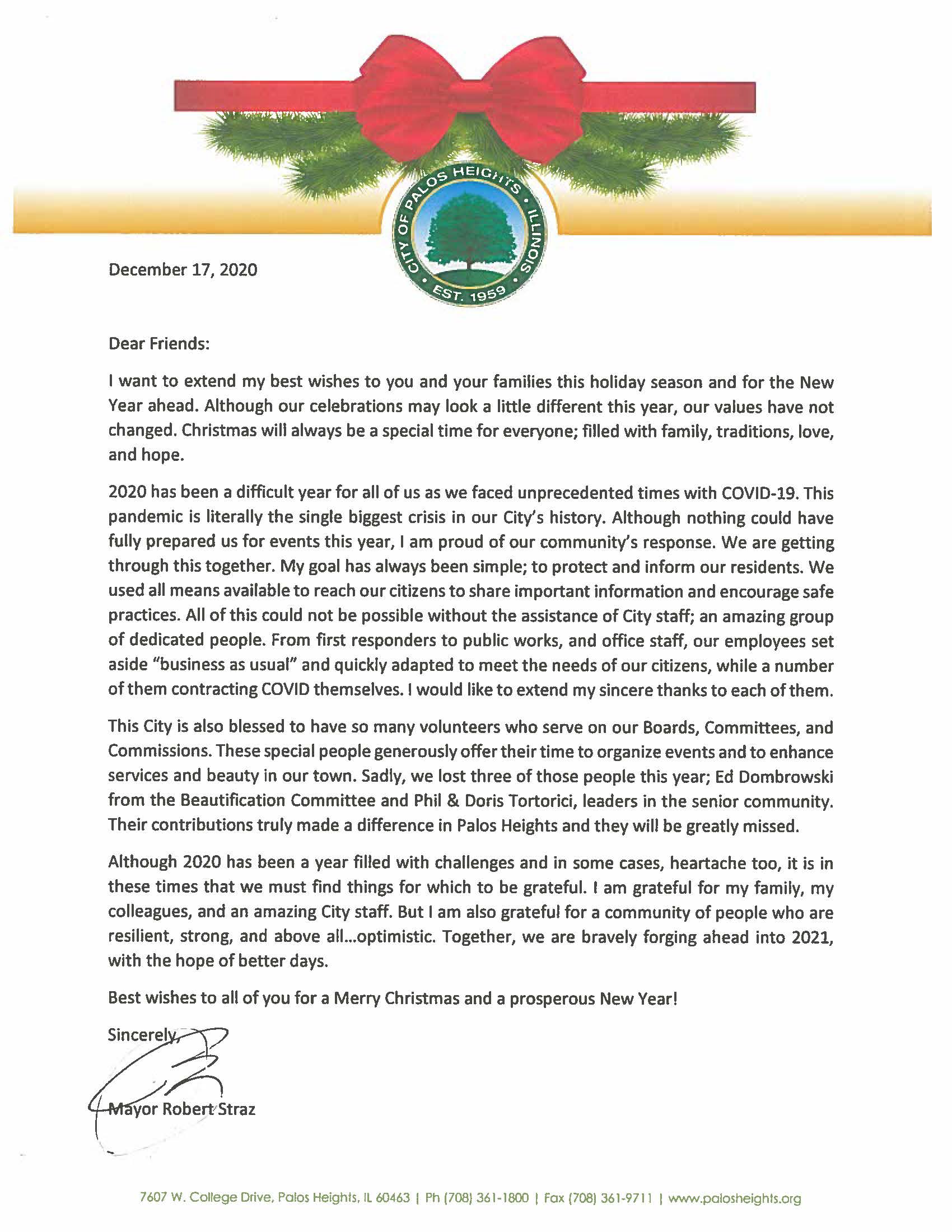 Mayors Christmas Letter 2020